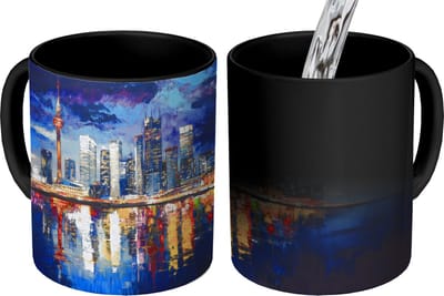 Magische Mok - Foto op Warmte Mokken - Koffiemok - Skyline Toronto - Modern - Stadslicht - Blauw - Magic Mok - Beker - 350 ML - Theemok
