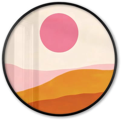 Poster in lijst Rond - Fotolijst 60x60 cm - Posters - Zon - Heuvels - Abstract - Roze - Ronde posterlijst zwart - Decoratie - Wanddecoratie woonkamer - Muurdecoratie slaapkamer