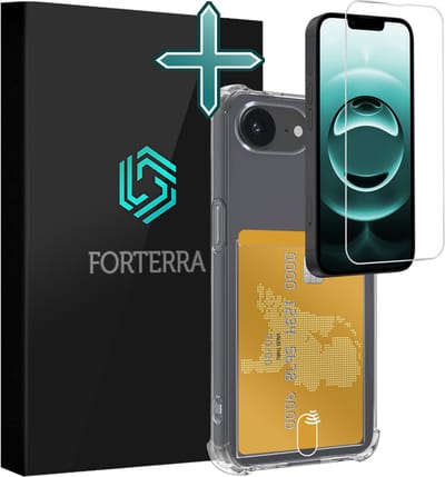 Hoesje Geschikt voor Apple iPhone 16e - Met Screenprotector - Pashouder - Kaarthouder - Back Cover - Telefoon Hoes Shockproof - Siliconen Case - Shock Proof - Pasjes Houder - Transparant