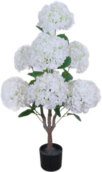 Kunstmatige hortensia boom (90 cm) - Voor binnen, buiten & kantoor - Onderhoudsvrije woondecoratie met witte bloemen en bladeren - Kunststof textiel, wit