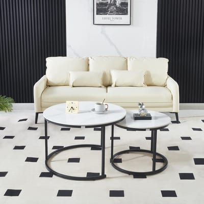 Luxe Salontafel Set - Wit Hoogglans marmer look keramiek & Zwarte Poten - Ø70 & Ø50cm - Marmerlook - Ronde salontafel Bijzettafel - Sterk & Stijlvol - Salontafel zwart