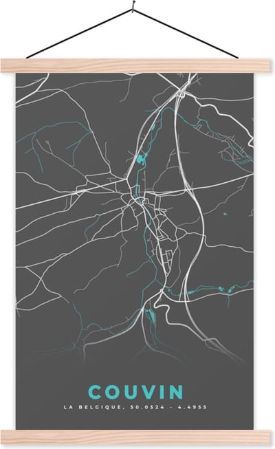 Posterhanger incl. Poster 40x60 cm - Schoolplaat - Stadskaart – Grijs - Kaart – Couvin – België – Plattegrond - Textielposter - Blanke latten - Stadskaart