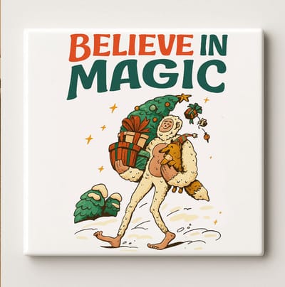 Believe in Magic Kerst Tegel – 15x15 cm Feestelijke Keramische Wandtegel – Sprookjesachtige Winterdecoratie Cadeau voor Kerstliefhebbers