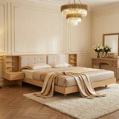 Tweepersoonsbed - 180x200 cm - Zwevend bedframe - Opberg-hoofdbord met usb & lades - Hout - Houtkleur