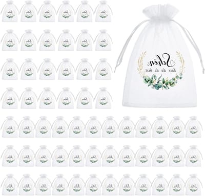 60 Organza Zakjes voor Bruiloft en Doop, Cadeauzakjes voor Verjaardag en Communie met Chocoladekoekjes voor Gasten