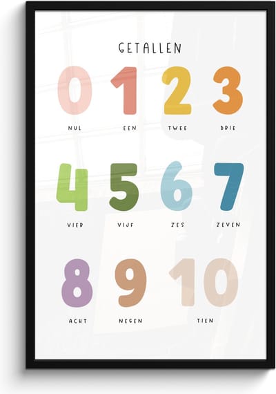 Poster in lijst - Fotolijst 60x90 cm - Posters - Getallen - Educatief - Leren tellen - Cijfers oefenen voor kinderen - Kleuren - Posterlijst zwart - Kamer decoratie - Wanddecoratie kinderkamer - Muurdecoratie babykamer