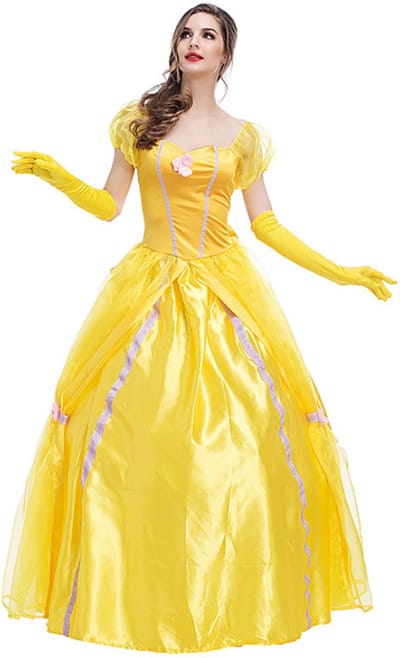 Joya Party® Gele Verkleed Jurk Volwassenen | Gele Prinsessenjurk Met Tule & Bloemen | Inclusief Handschoenen & Afneembare Strik | Verkleedjurk Carnaval en Halloween | Prinses Jurk Vrouwen | Kostuum Volwassenen | Maat S
