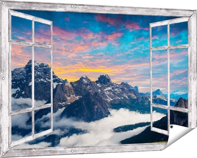 Gards Tuinposter Doorkijk Bergen Landschap met Wolken in Italië - 150x100 cm - Tuindoek - Tuindecoratie - Wanddecoratie buiten - Tuinschilderij