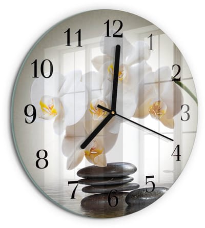 Tulup Wandklok - Orchidee Klok Glas Met Opdruk - 30fi cm - Wit Moderne Wandklok Glas - Zwarte Handen - Ronde Wandklok - Gekleurde Glazen Klok - Glazen Klok Met Print