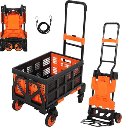 2-in-1 Opvouwbare Steekwagen Trolley met Mand - 200 kg Plateauwagen met 4 Wielen - 66x46x97cm - Oranje