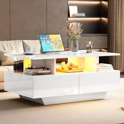 Wishdor Hoogglans salontafel wit met geïntegreerde LED-verlichting, 2 ruime lades, 90x55x41 cm, draagvermogen 30 kg