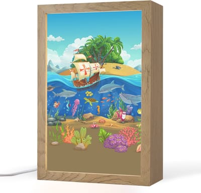 Nachtlampje 20x30 cm - Kinder lampje - Piratenschip - Onderwater - Zeedieren - Onderwaterwereld - Tafellamp kinderkamer - Slaapkamer lamp - Bedlamp kinderen - Kinderlampje stopcontact - Wandlamp babykamer - Nachtlampjes