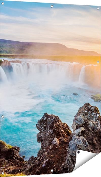Gards Tuinposter Watervallen bij Zonsondergang - 80x120 cm - Tuindoek - Tuindecoratie - Wanddecoratie buiten - Tuinschilderij