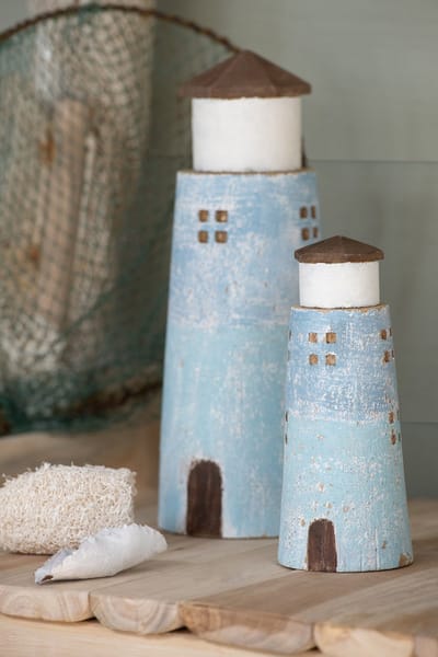 J-Line decoratie Vuurtoren - hout - naturel/lichtblauw - small - 2 stuks