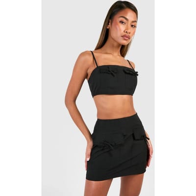 boohoo Dames Mini Strik Pocket Detail Crop | Zwart | Maat: 38
