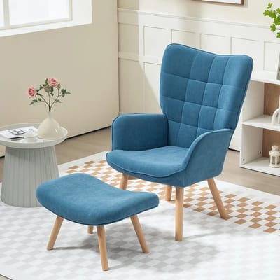 Sweiko Fauteuil - Hoge rug - Kruk - Corduroy - Houten poten - Blauw