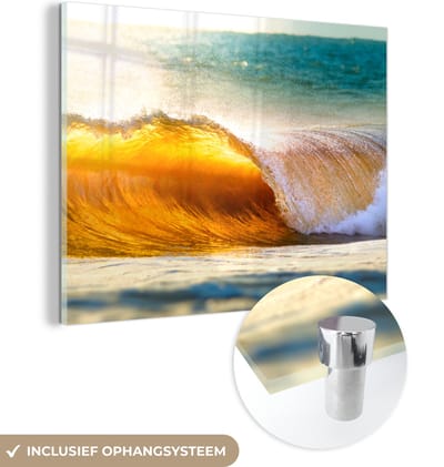 MuchoWow® Glasschilderij 160x120 cm - Schilderij acrylglas - Golf - Water - Zee - Foto op glas - Muurdecoratie woonkamer - Wanddecoratie slaapkamer - Schilderijen
