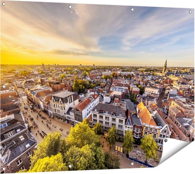 Gards Tuinposter Groningen Skyline Stad bij Zonsondergang - 120x90 cm - Tuindoek - Tuindecoratie - Wanddecoratie buiten - Tuinschilderij