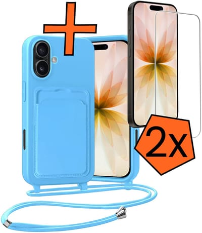 Hoesje Geschikt voor iPhone 17 Hoesje Met Telefoonketting Pasjeshouder Case Met 2x Screenprotector Koord - Hoesje Geschikt voor iPhone 17 Hoes Met Kaarthouder - Lichtblauw