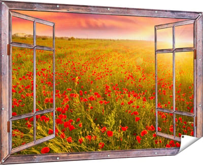 Gards Tuinposter Doorkijk Rode Klaproos Bloemenveld - Zonsondergang - 180x120 cm - Tuindoek - Tuindecoratie - Wanddecoratie buiten - Tuinschilderij