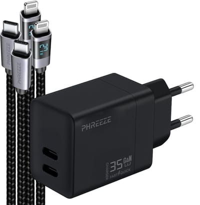 Phreeze usb C adapter 35 W met oplader kabels geschikt voor iPhone en iPad - Snellader voor 14 13 12 11 - 2x geschikt voor Lightning naar usb C kabels inbegrepen 1m