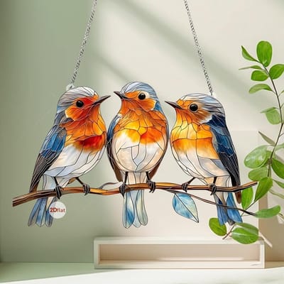 Hangende vogel van glas-in-lood-stijl – 2D acryl paneel – Raamdecoratie – Cadeau voor vrouwen, Moederdag, Kerst (15 cm – Mus)