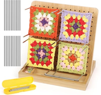 Houten Granny Square Spaner met Opslagstandaard, Duurzame Plank en 20 Stalen Naalden voor Handwerken en Breien