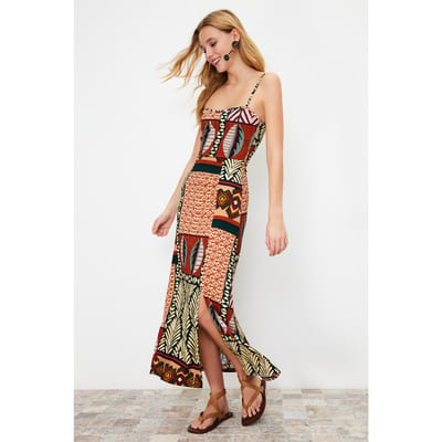 Damesjurken in Ethno-Muster stijl, midi-lengte, spaghettibandjes, casual, normale pasvorm