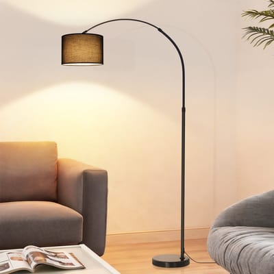 NETTLIFE Boogvloerlamp Voor Woonkamer - Stoffen Kap Ø30 cm - Hoogte 181CM Met Marmeren Voet Ø26 cm - E27 Fitting Max 40W IP20 - IJzeren Lampenstandaard - Geschikt Voor Sofa Leeshoek - Zwart Zonder Lichtbron