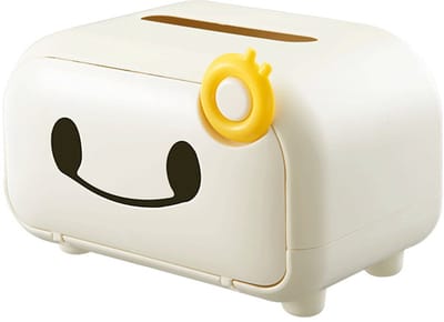 Oneay Leuk tissueboxje, gebroken wit van kleur, versierd met een cartoonachtig smileygezichtje, ideaal voor decoratie in de woonkamer, auto of op kantoor.
