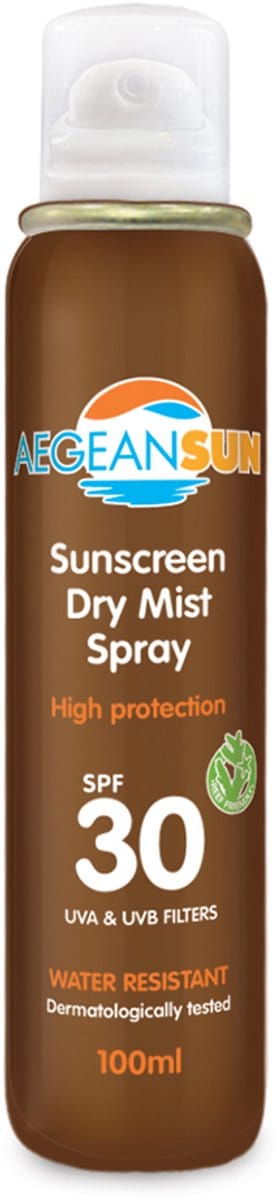 Aegean Sun Sunscreen Dry Mist Spray SPF30 – Water- en Zweetbestendige Zonnespray met Carrot Oil & Vitamine E, Sneldrogende Bescherming voor Actieve Zomers