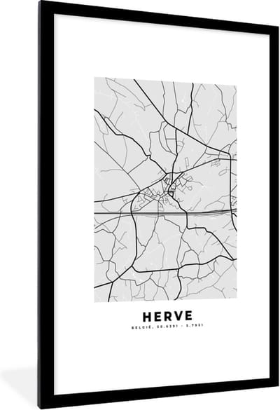 Fotolijst incl. Poster Zwart Wit- België – Herve – Stadskaart – Kaart – Zwart Wit – Plattegrond - 80x120 cm - Posterlijst