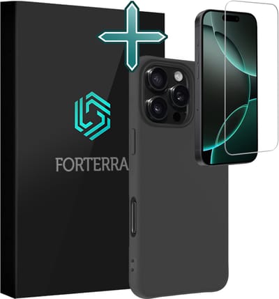 Hoesje Met Screenprotector - Geschikt voor Apple iPhone 16 Pro - Sterk & Shockproof - Telefoon Hoes - Back Cover - Siliconen Case - Zwart