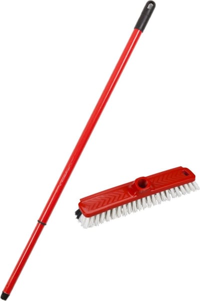 Buemag schrobborstel/schrobber - met trekker - kunststof - rood - inclusief metalen telescoopsteel 130 cm - Badkamer schoonmaak borstel