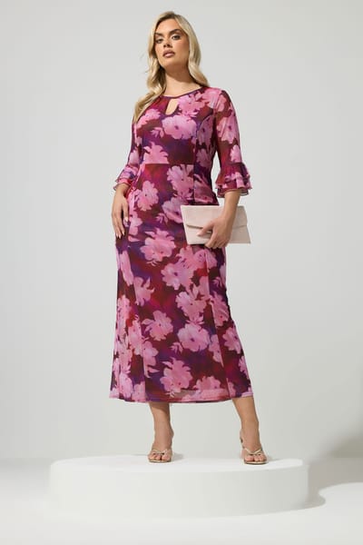 Yours London Roze En Rode Jurk Met Wazige Bloemenprint En Sleutelgat Size 42
