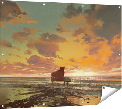 Gards Tuinposter Piano op het Strand bij Zonsondergang - 120x90 cm - Tuindoek - Tuindecoratie - Wanddecoratie buiten - Tuinschilderij