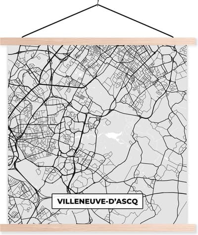 Posterhanger incl. Poster 40x40 cm - Schoolplaat - Kaart - Stadskaart - Villeneuve-d'Ascq - Plattegrond - Frankrijk - Textielposter - Blanke latten - Stadskaart