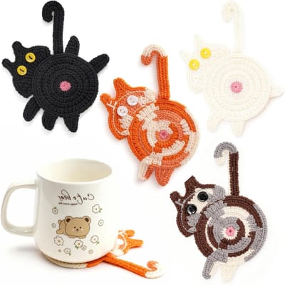 Set van 4 Glazen Coasters met Kattenmotief voor Bureau en Woonkamer, Perfect Cadeau voor Kattenliefhebbers