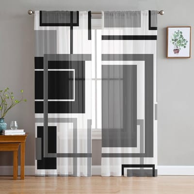 Abstracte Geometrische Vierkanten Zwart Grijs Transparante Gordijnen voor Woonkamer Decoratie Raamgordijnen Keuken Tule Voile Gordijnen W135 x H137cm x1