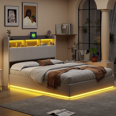 Velours bed met gasveren, 140x190 cm, met omringende LED-vloerverlichting, hoofdbord met opbergruimte en leeslampje voor modern slaapkamercomfort, wit