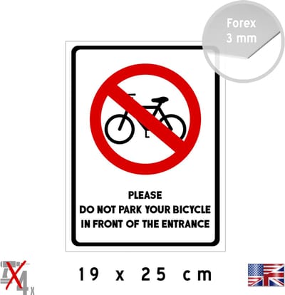 Pictogram/ bord | "Please do not park your bicycle in front of the entrance" | 19 x 25 cm | Fietsers | Fietsen | Engels | 1 stuk