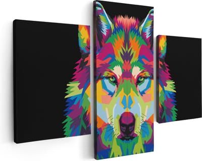 Artaza Canvas Schilderij Drieluik Gekleurde Wolvenkop - Wolf - Abstract - 90x60 - Foto Op Canvas - Canvas Print