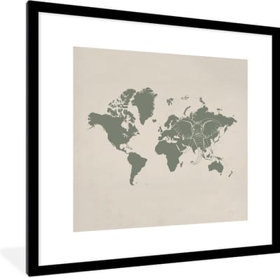 Poster in lijst - Fotolijst 40x40 cm - Posters - Wereldkaart - Olifant - Grijs - Posterlijst zwart - Decoratie - Wanddecoratie woonkamer - Muurdecoratie slaapkamer