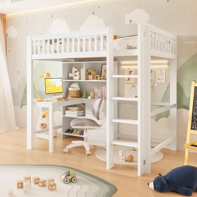 YEHTOKHOME Hoogslaper 90x200 cm - Kinderbett met bureau - meerdere opbergvakken - 3 lades - ladder - zonder matras - wit