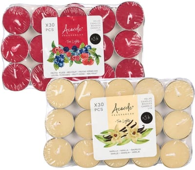 Acorde theelichtjes - 60x - 30x rode vruchten - 30x vanille - aroma/geurkaarsen