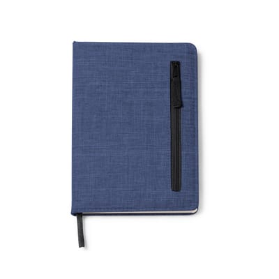 Notitieboek Blauw A5 omslag gerecyclede PET flessen Buitenvak met rits Bladwijzer en elastische band 80 vellen gelinieerd model Kinon