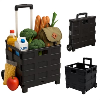 Lomera Opvouwbare Krat - Boodschappenkrat Op Wielen - Vouwkrat Met Trolley - Inklapbare Boodschappenwagen - 50 Liter Inhoud - Uitschuifbare Trekstang - Kunststof Wielen - Zwart - Max Belastbaarheid - Verstevigingsschuiven