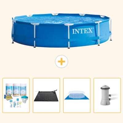 Intex Rond Frame Zwembad - 366 x 76 cm - Blauw - Inclusief Onderhoudspakket - Solar Mat - Grondzeil - Zwembadfilterpomp - 5-delig