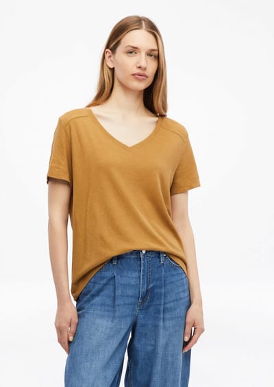 Dunne V-hals T-shirt van linnenmix met inzetstuk voor vrouwen s.Oliver