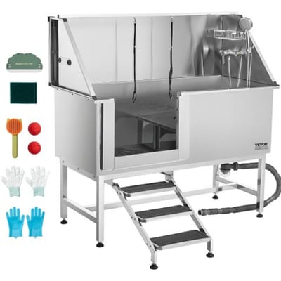 VEVOR roestvrijstalen hondenwasstation, 1500x700x1495mm, verzorgingsbad met opstapje, PE-waterfilterplaat, kraan, douchekop en zeephouder, voor grote, middelgrote en kleine huisdieren (deur links)